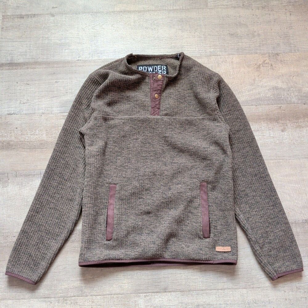 Powder River Men's Jacquard Fleece Pullover M Brown 1/4 Button Up Thick Warm EUC